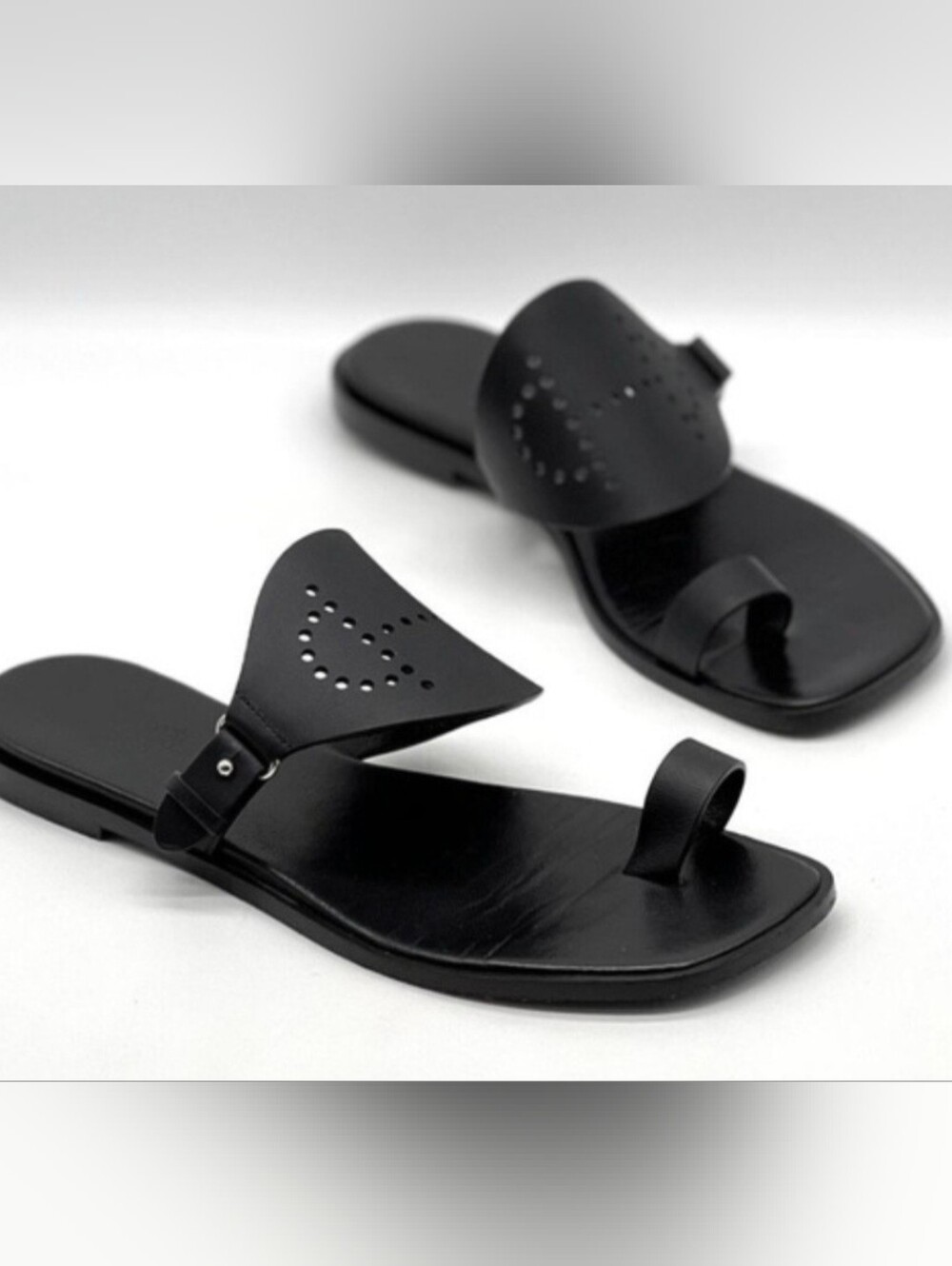 Hermes Black Leather Slip on Sandals